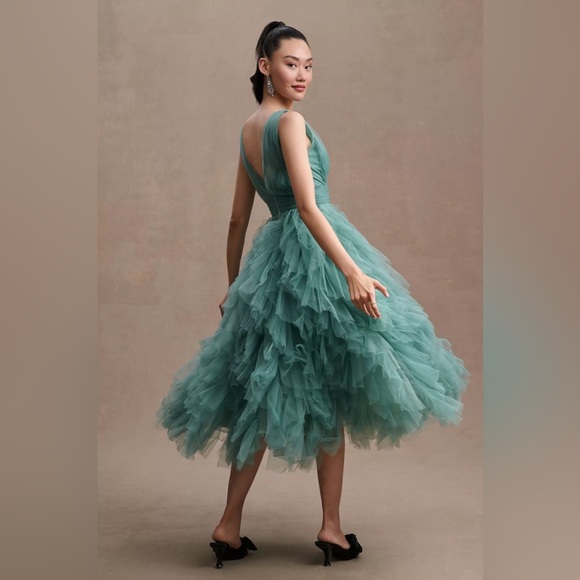 Anthropologie Mac Duggal A-Line Deep-V Ruffled Tulle Midi Dress - Picture 3 of 10